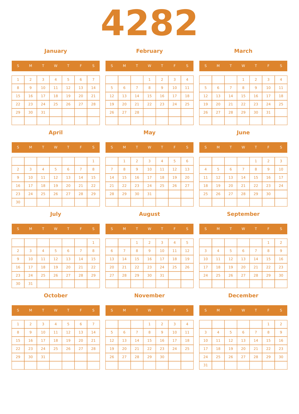 Printable 4282 Year Calendars orange
