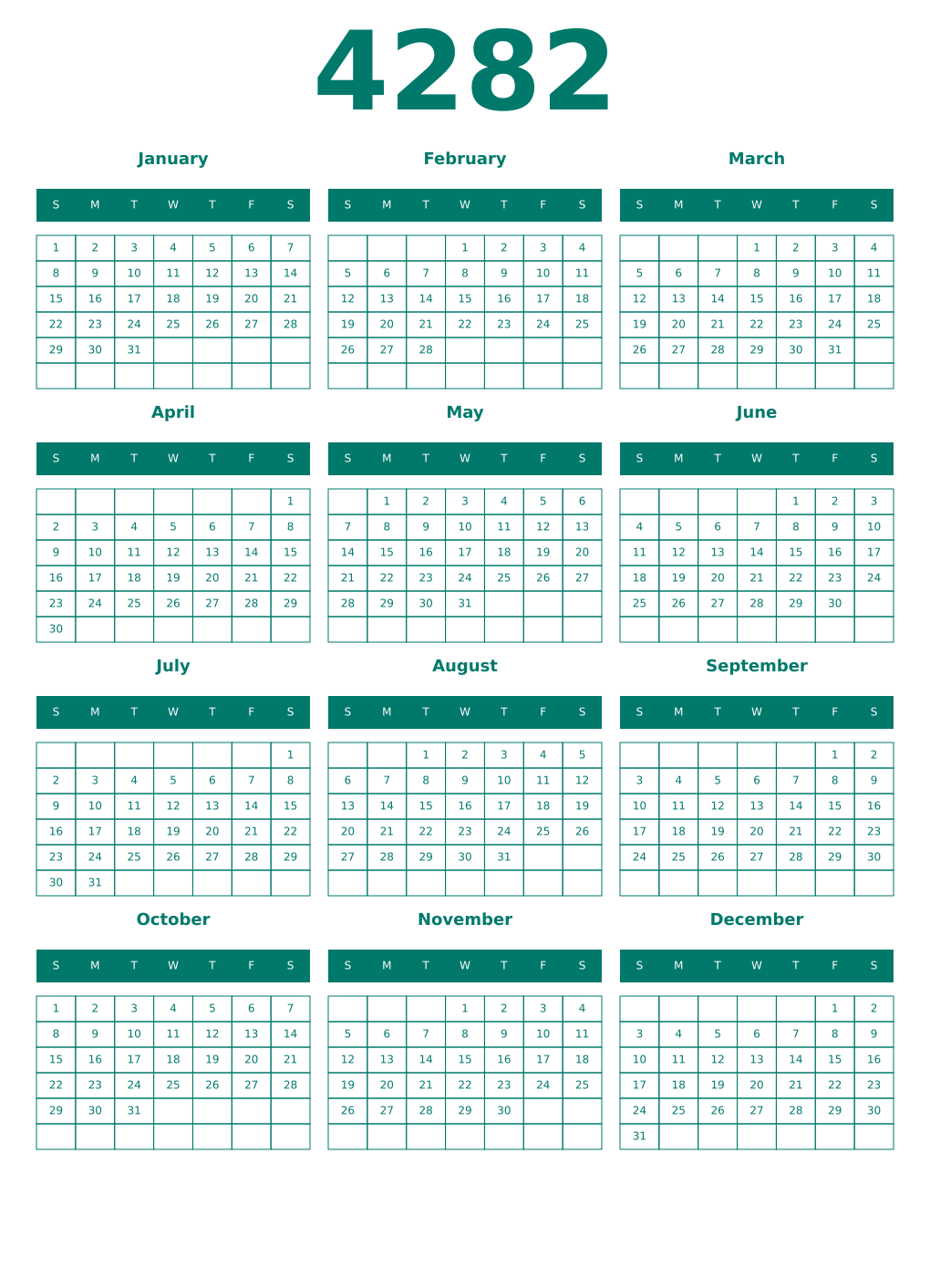 Printable 4282 Year Calendars pastel