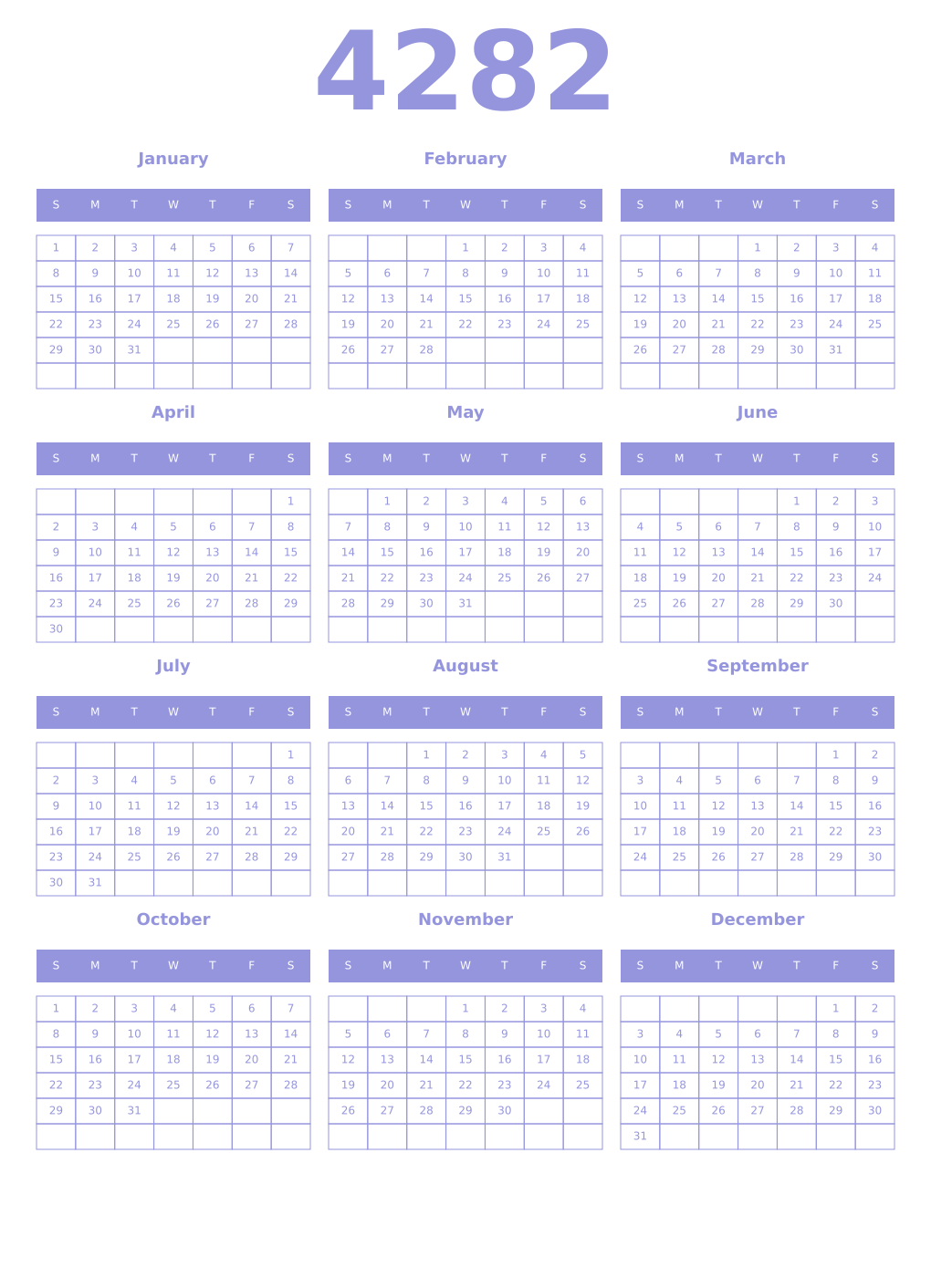 Printable 4282 Year Calendars periwinkle