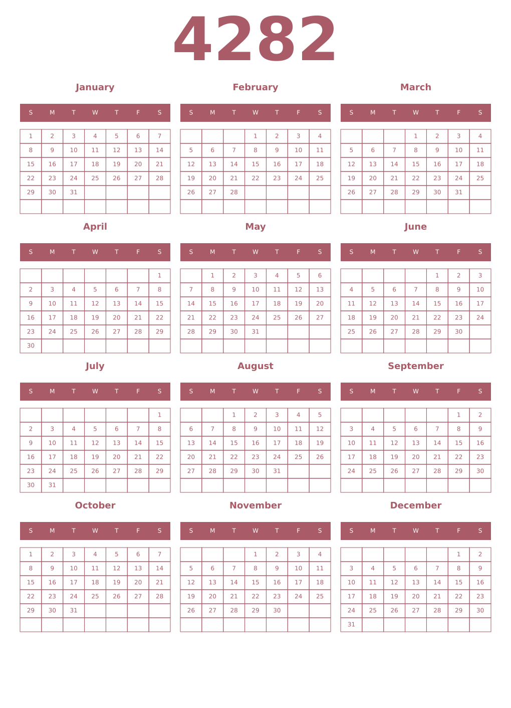 Printable 4282 Year Calendars puce