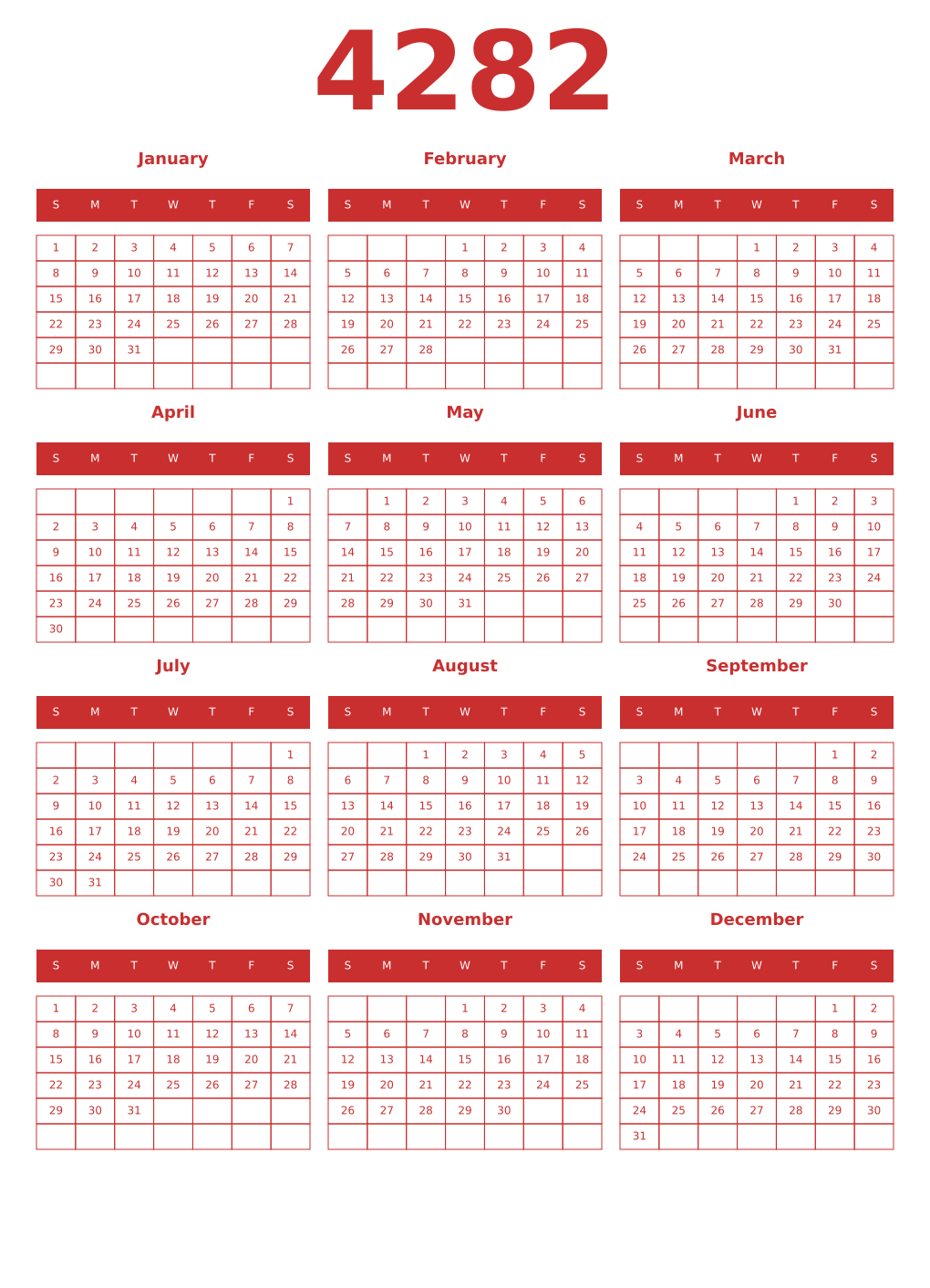 Printable 4282 Year Calendars red