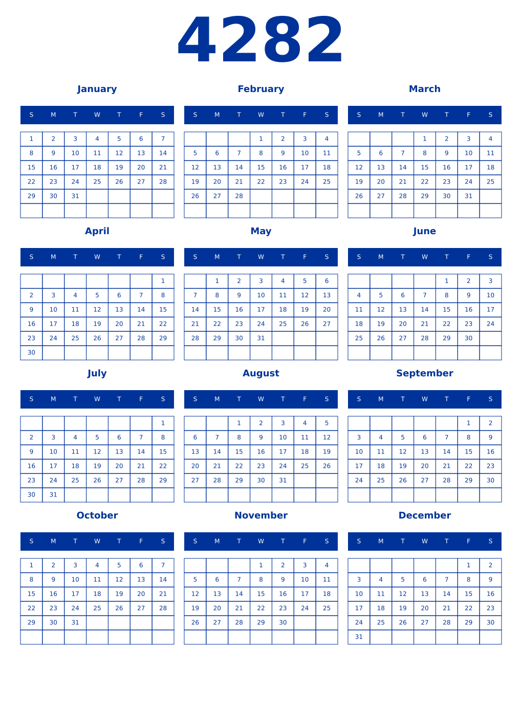 Printable 4282 Year Calendars smalt
