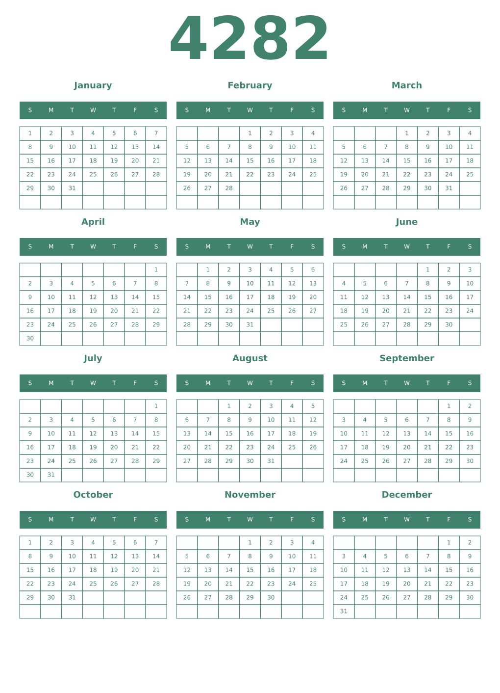 Printable 4282 Year Calendars viridian