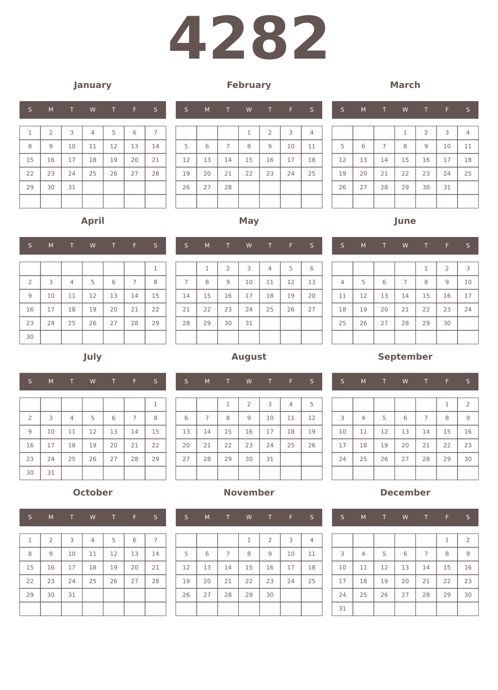 Printable 4282 Year Calendars wenge