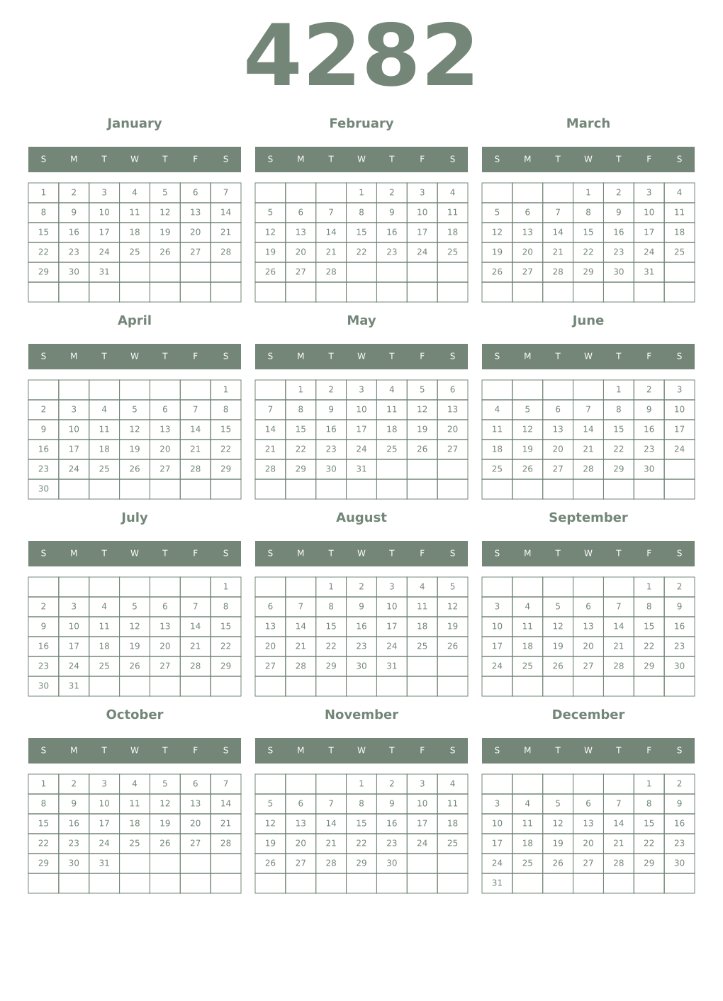 Printable 4282 Year Calendars xanadu