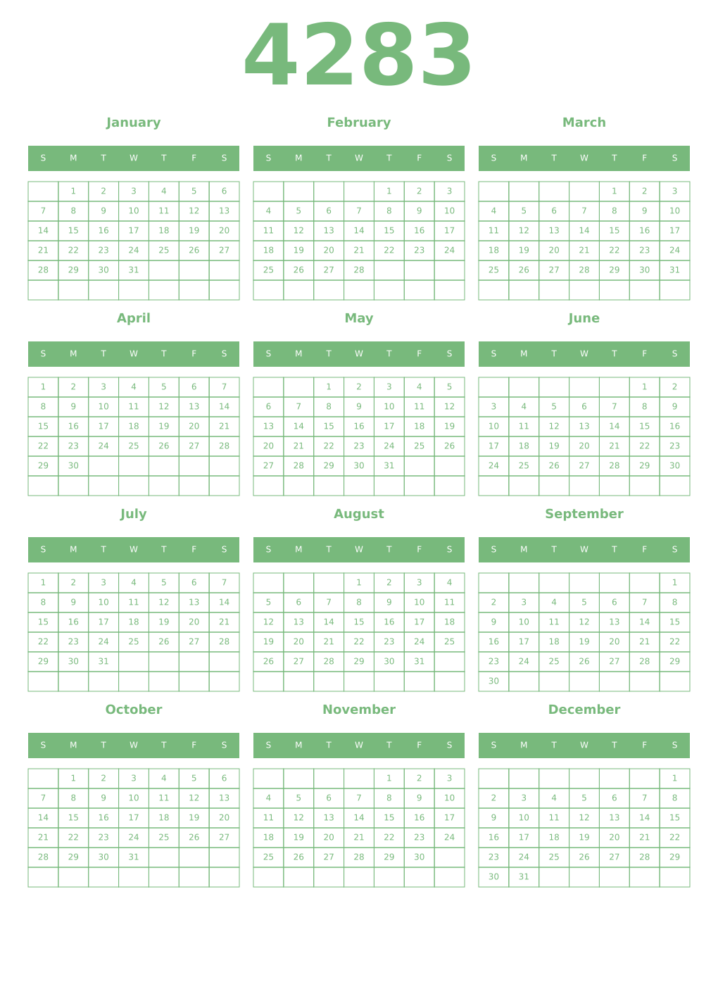 Printable 4283 Year Calendars celadon