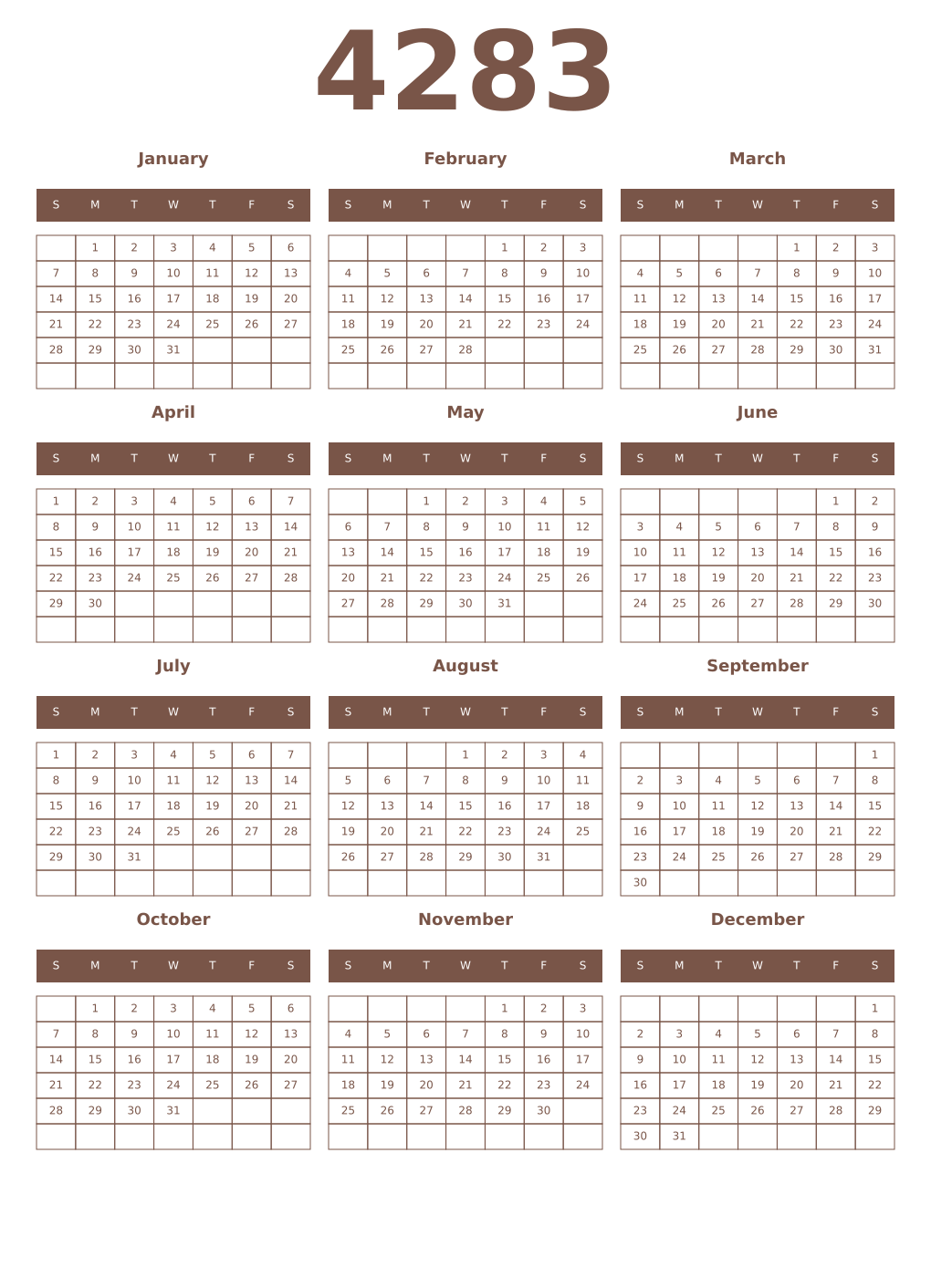 Printable 4283 Year Calendars coffe