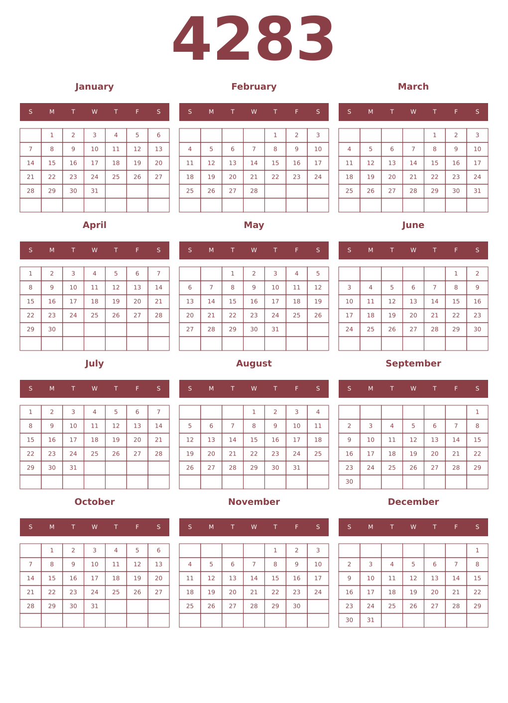 Printable 4283 Year Calendars cordovan
