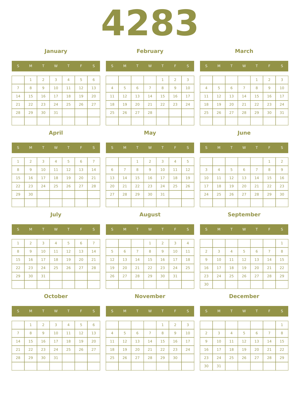 Printable 4283 Year Calendars eburnean
