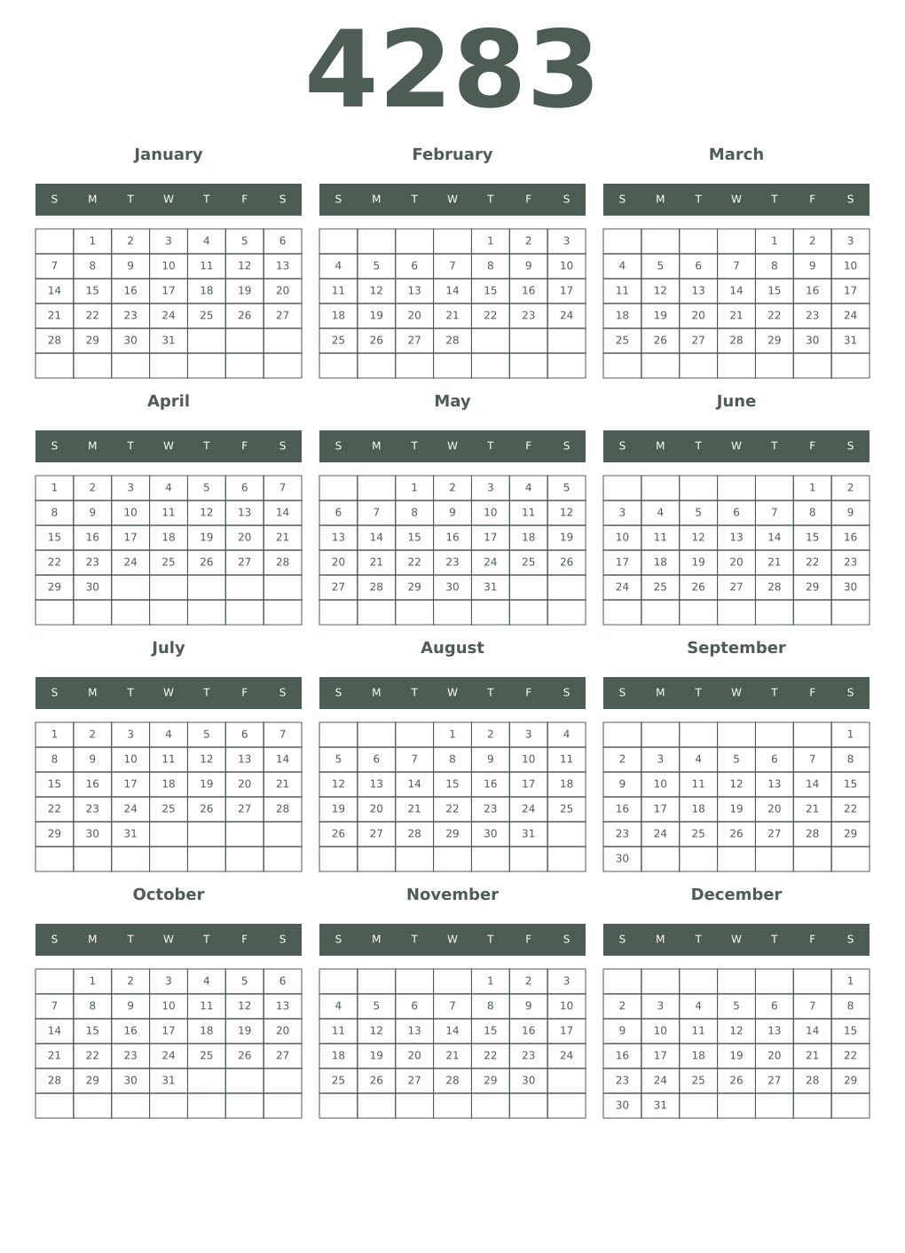 Printable 4283 Year Calendars feldgrau