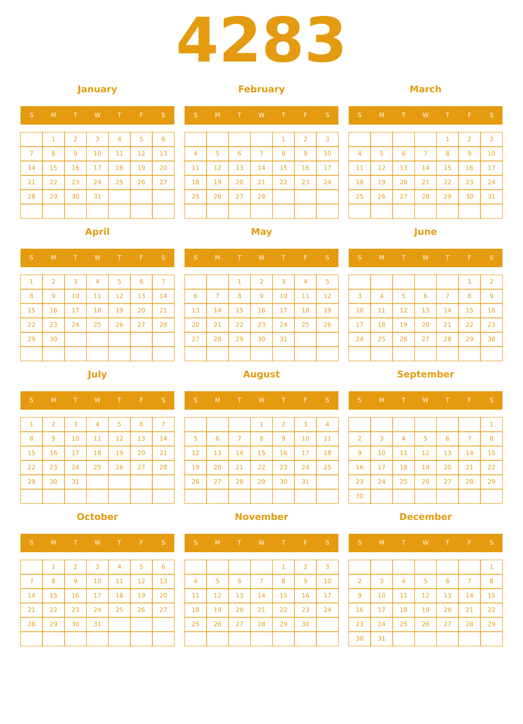 Printable 4283 Year Calendars gamboge