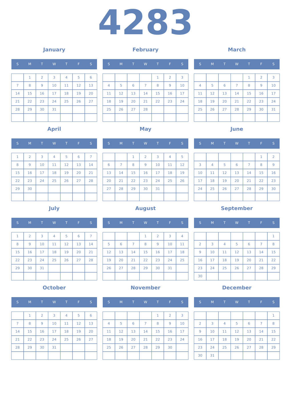 Printable 4283 Year Calendars glaucous
