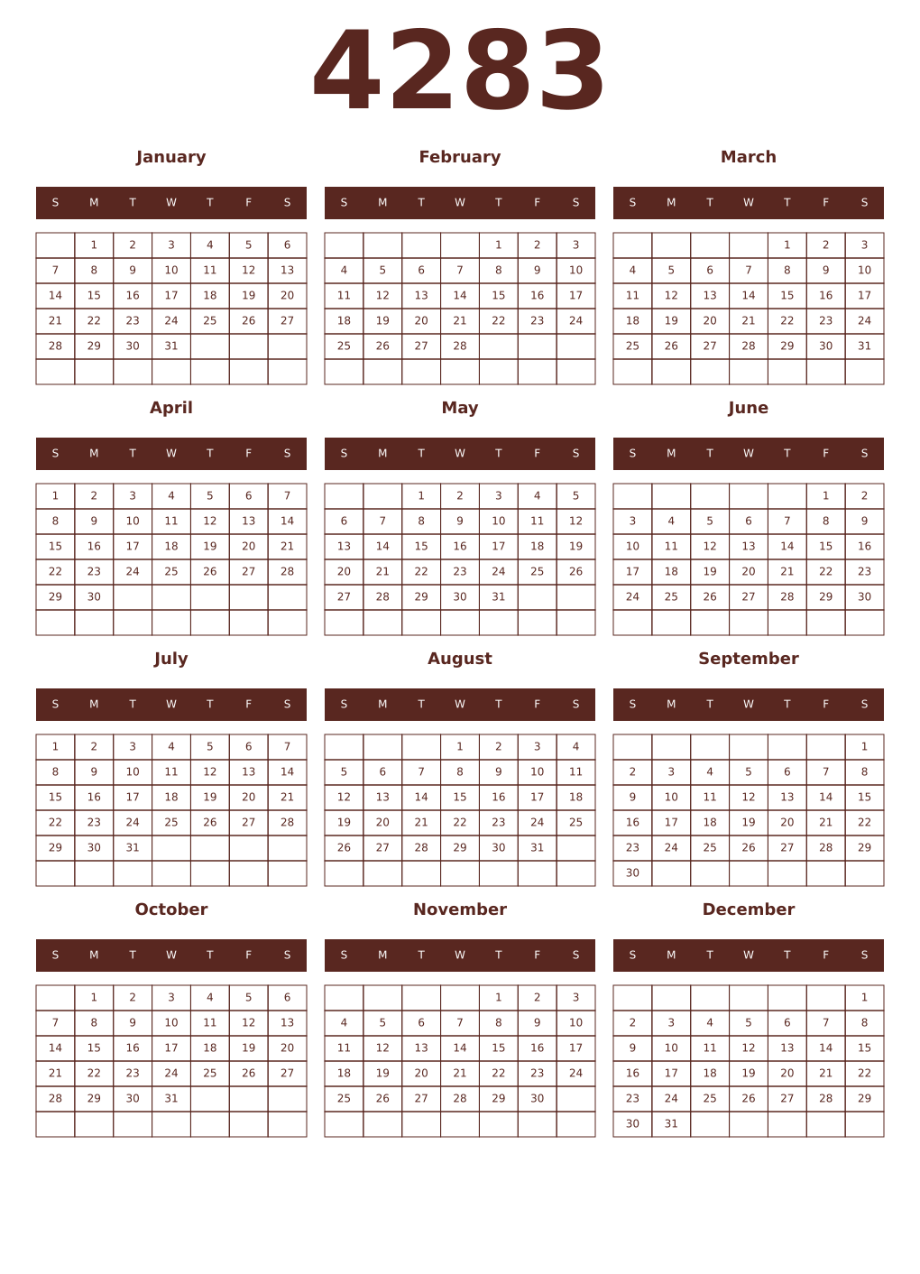 Printable 4283 Year Calendars mortuum