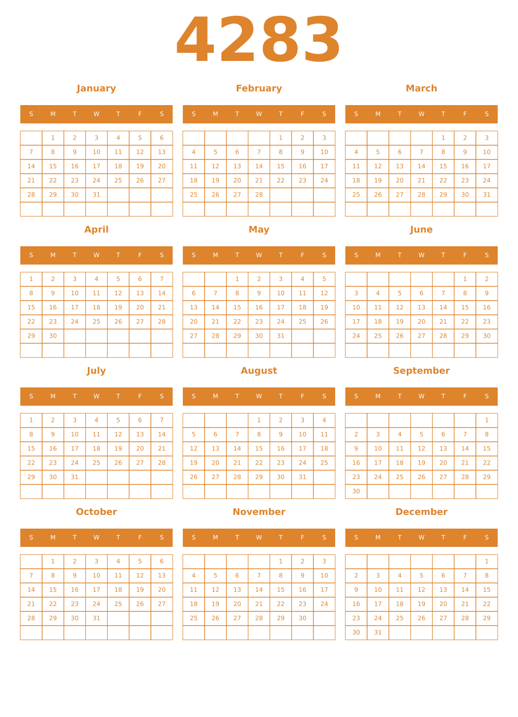 Printable 4283 Year Calendars orange