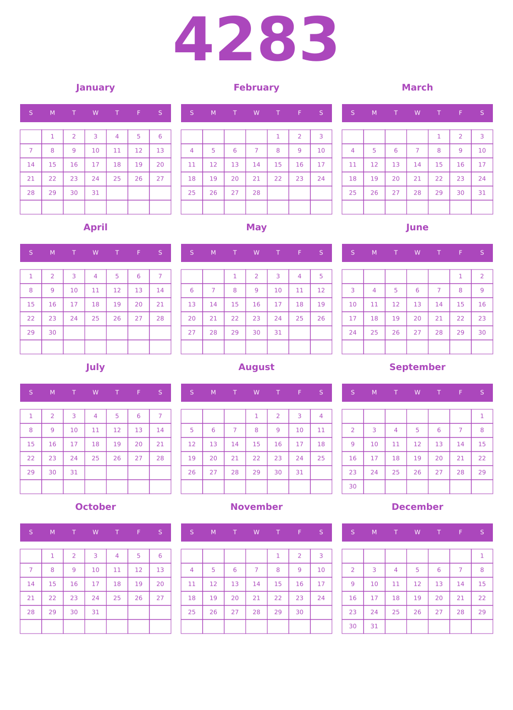 Printable 4283 Year Calendars purple