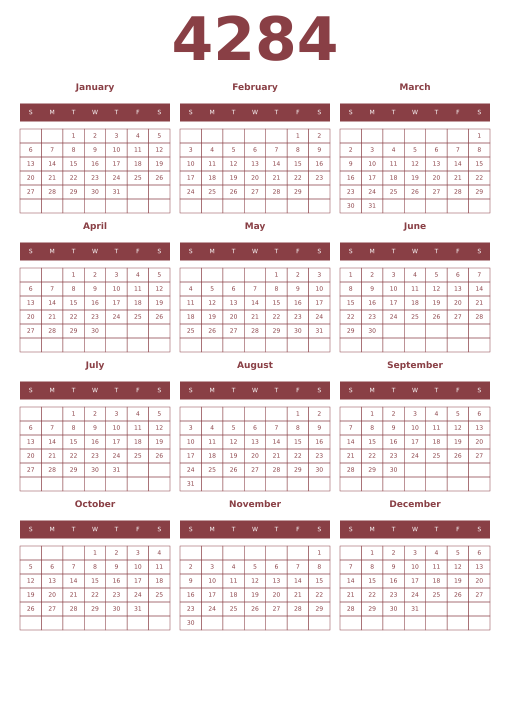 Printable 4284 Year Calendars cordovan