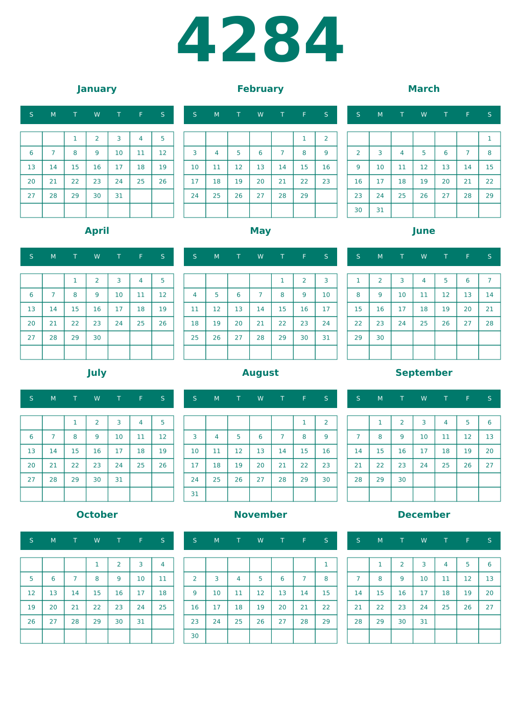 Printable 4284 Year Calendars pastel