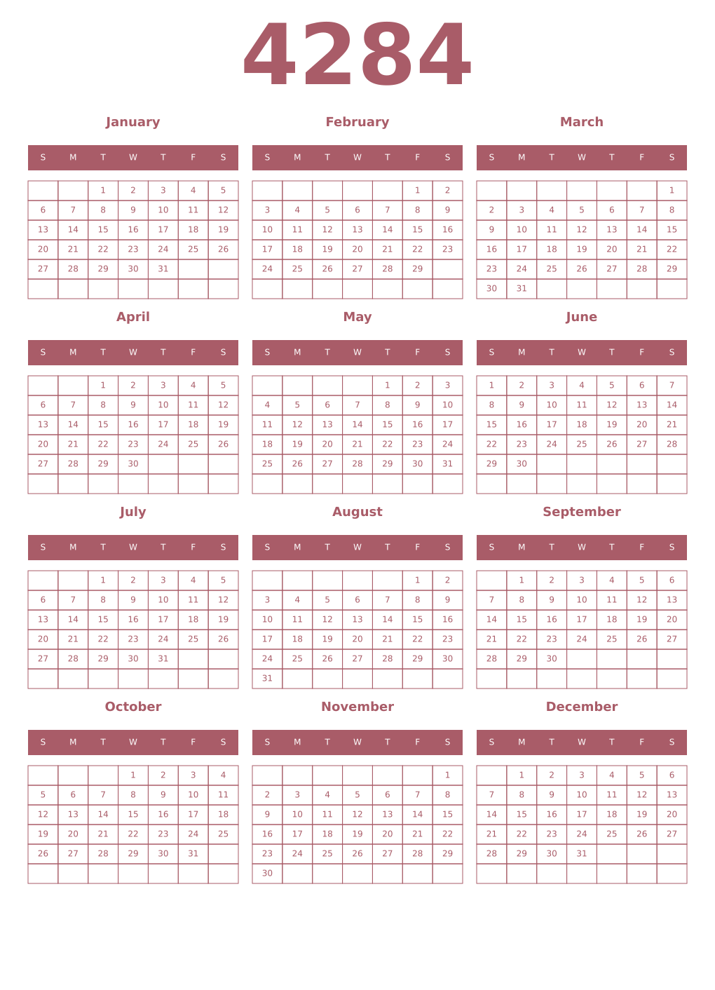 Printable 4284 Year Calendars puce