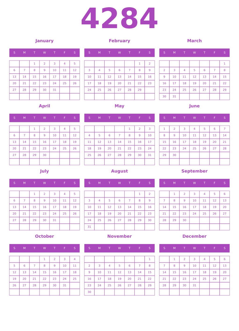 Printable 4284 Year Calendars purple