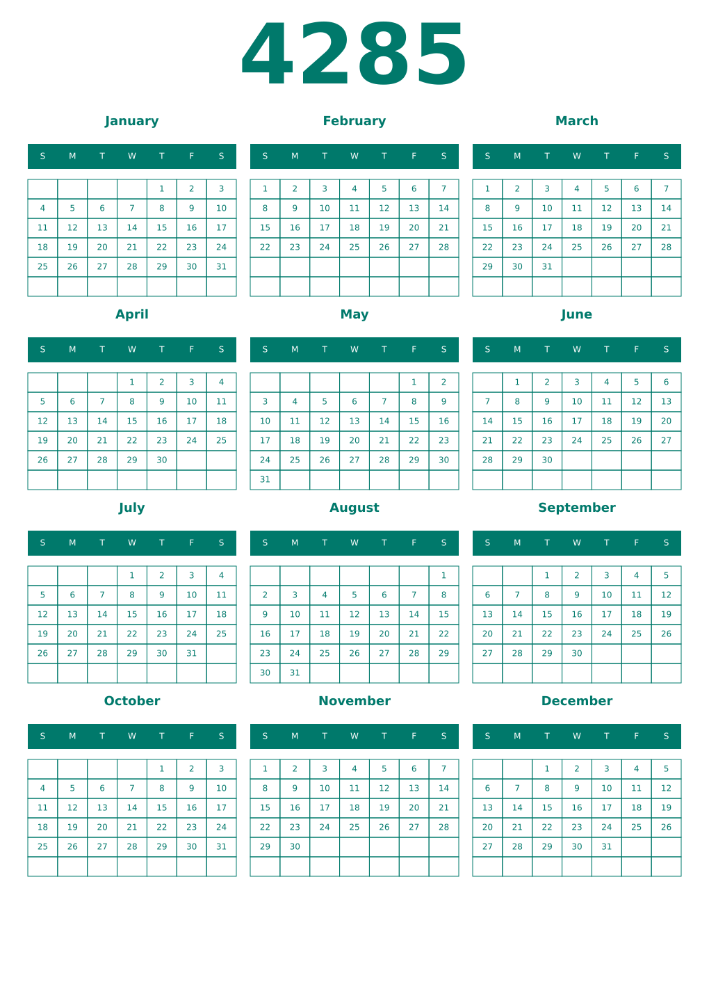 Printable 4285 Year Calendars pastel