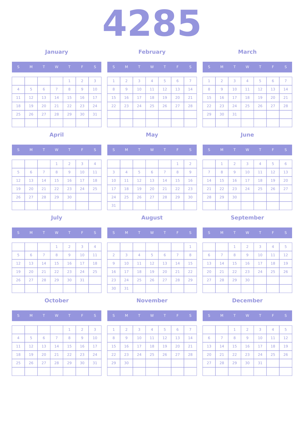 Printable 4285 Year Calendars periwinkle