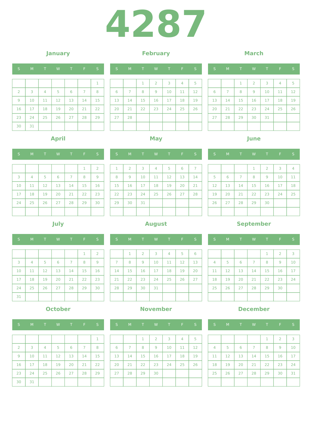 Printable 4287 Year Calendars celadon