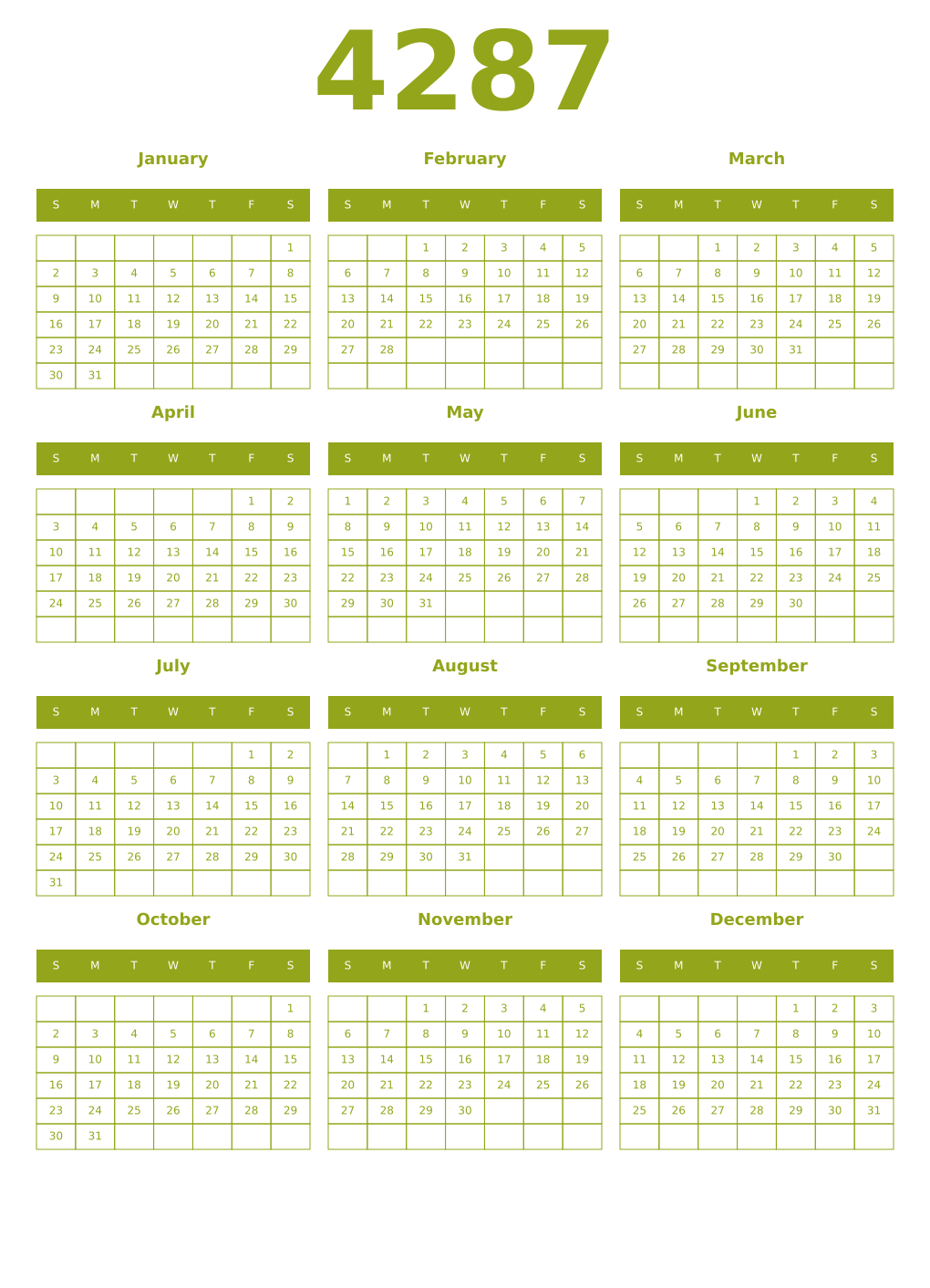 Printable 4287 Year Calendars chartreuse