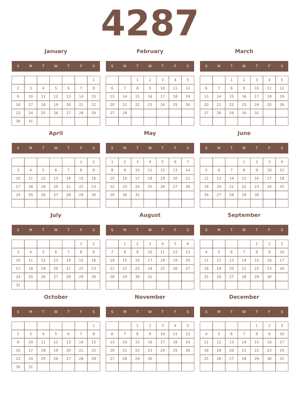 Printable 4287 Year Calendars coffe