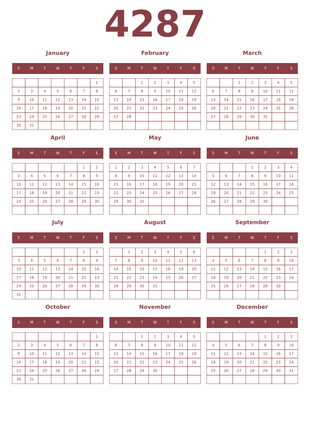 Printable 4287 Year Calendars cordovan