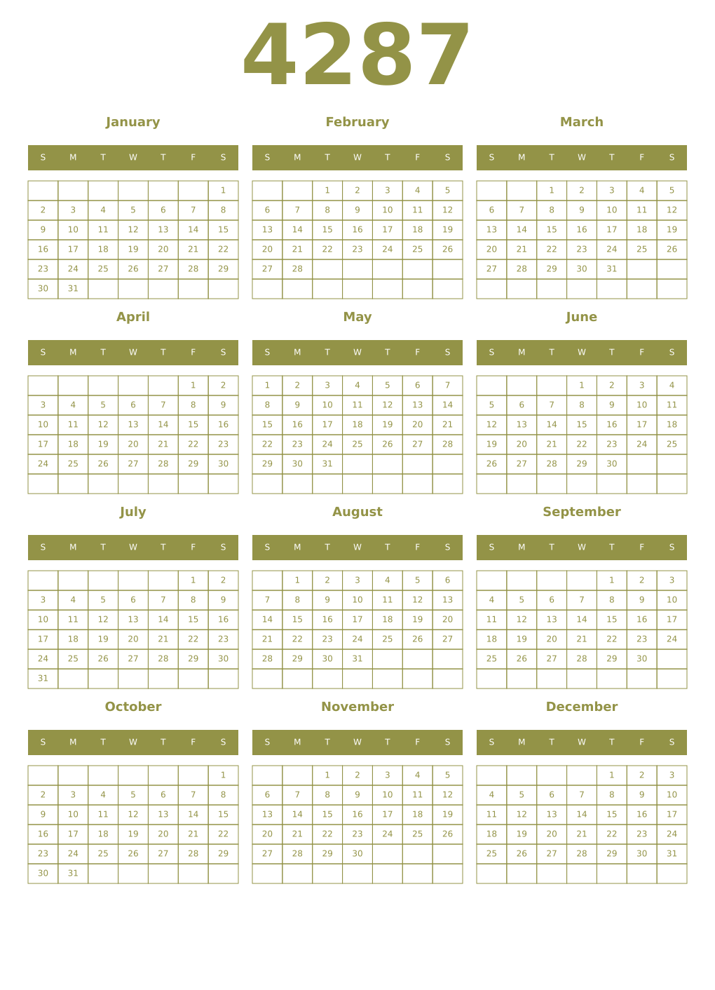 Printable 4287 Year Calendars eburnean