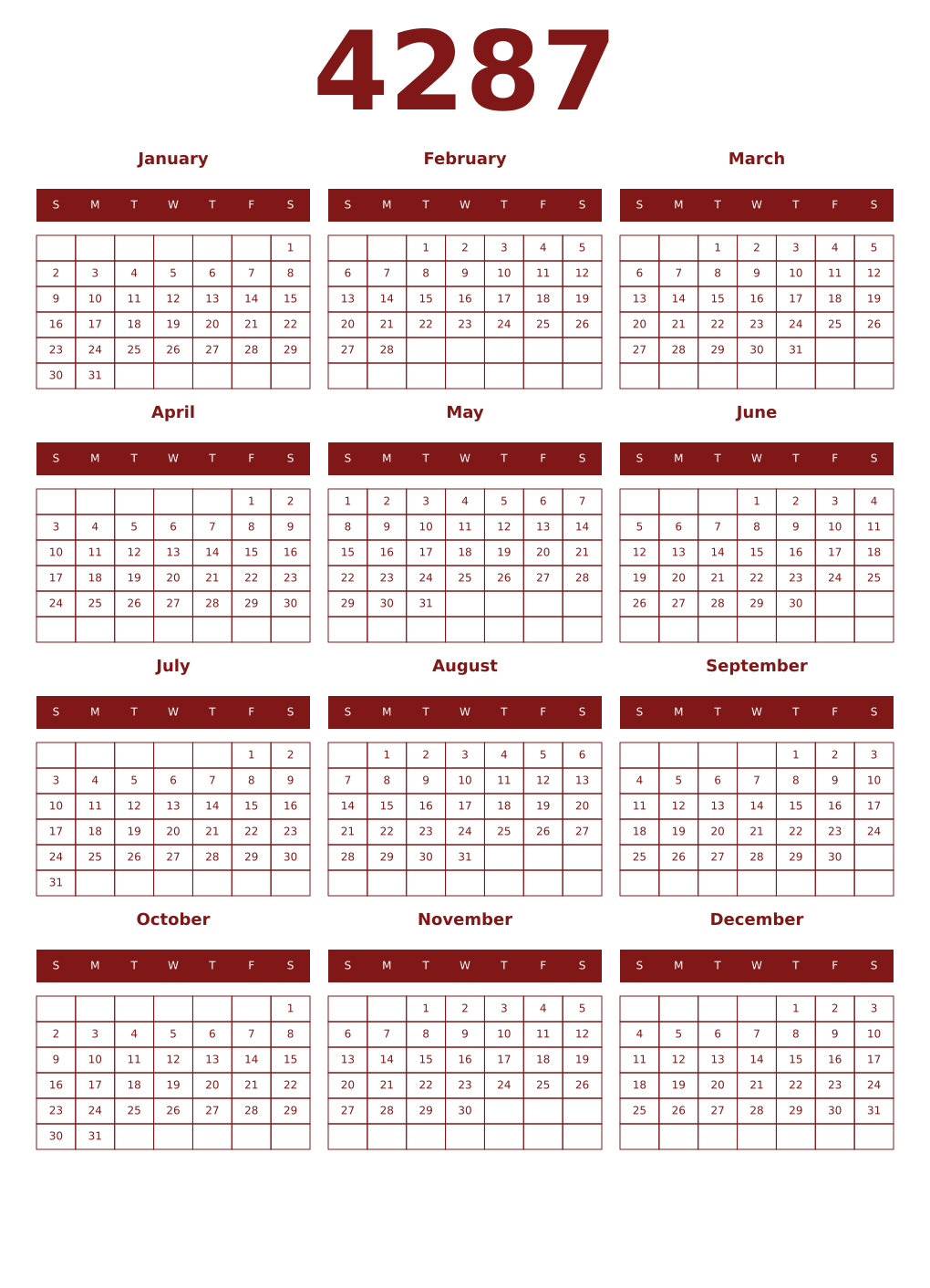 Printable 4287 Year Calendars falu