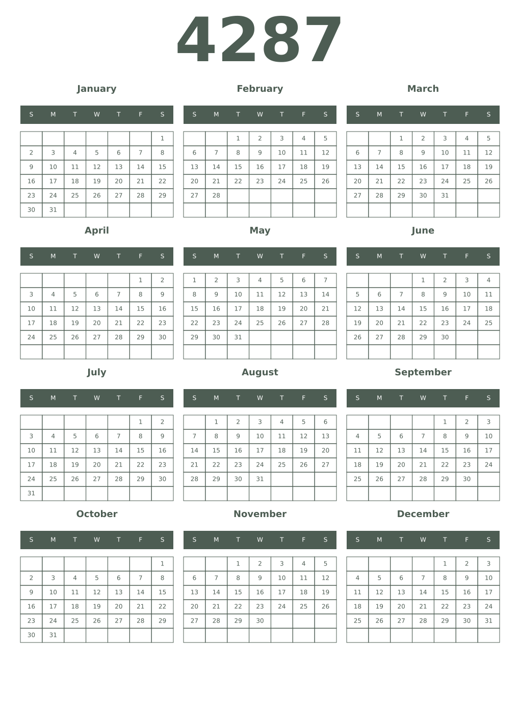 Printable 4287 Year Calendars feldgrau