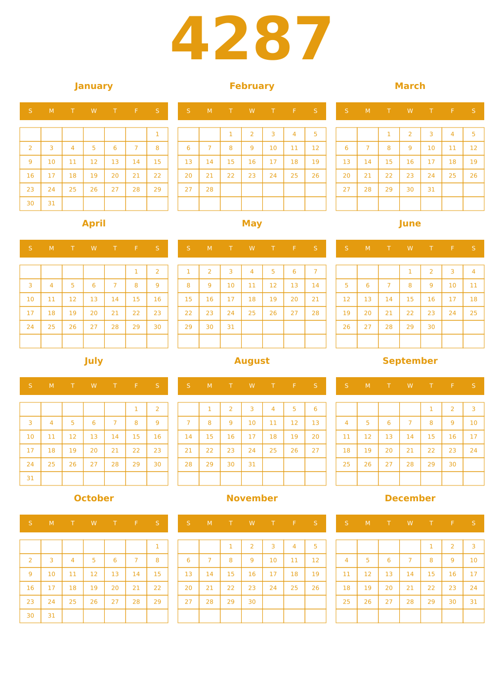 Printable 4287 Year Calendars gamboge