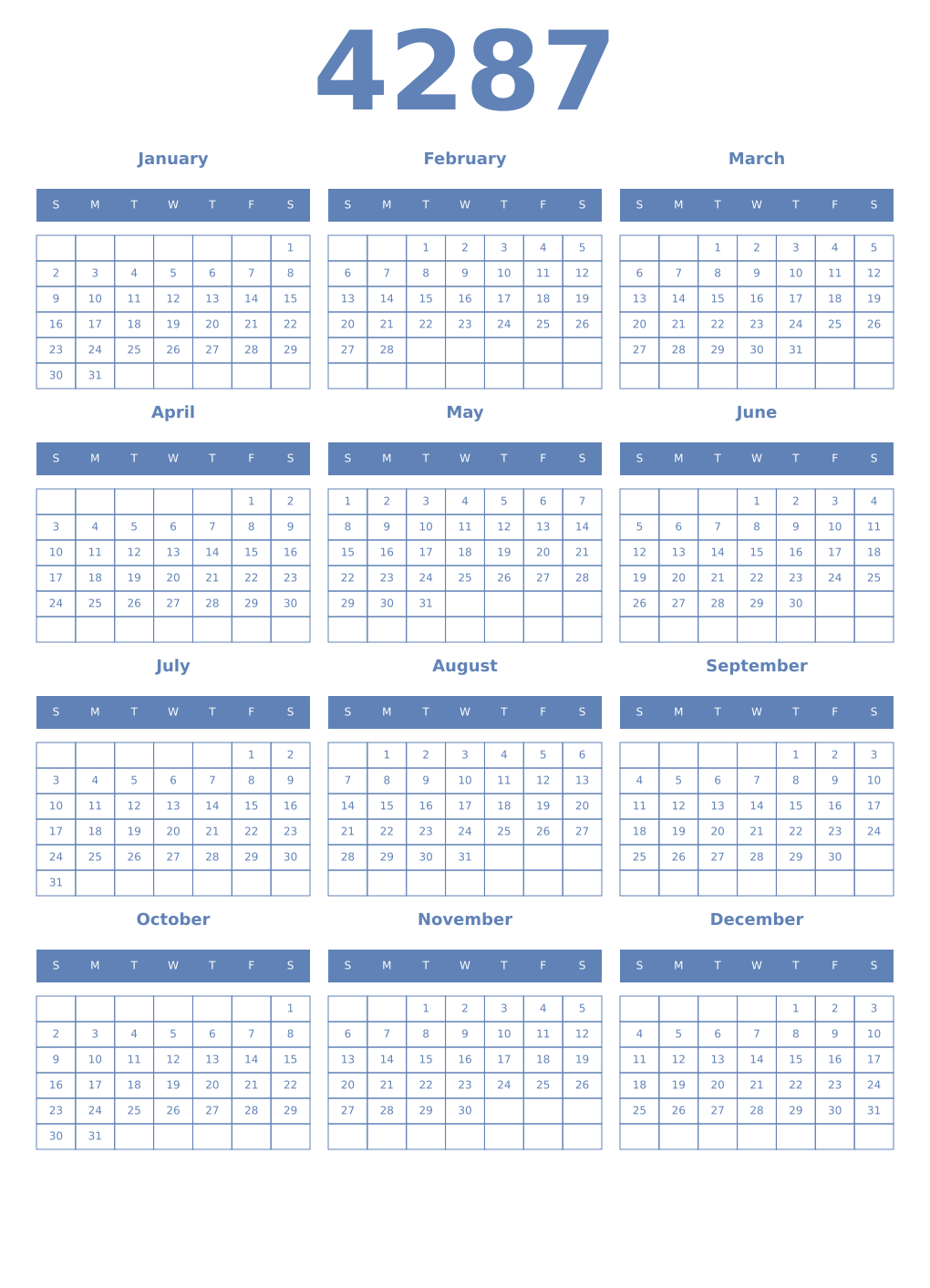 Printable 4287 Year Calendars glaucous