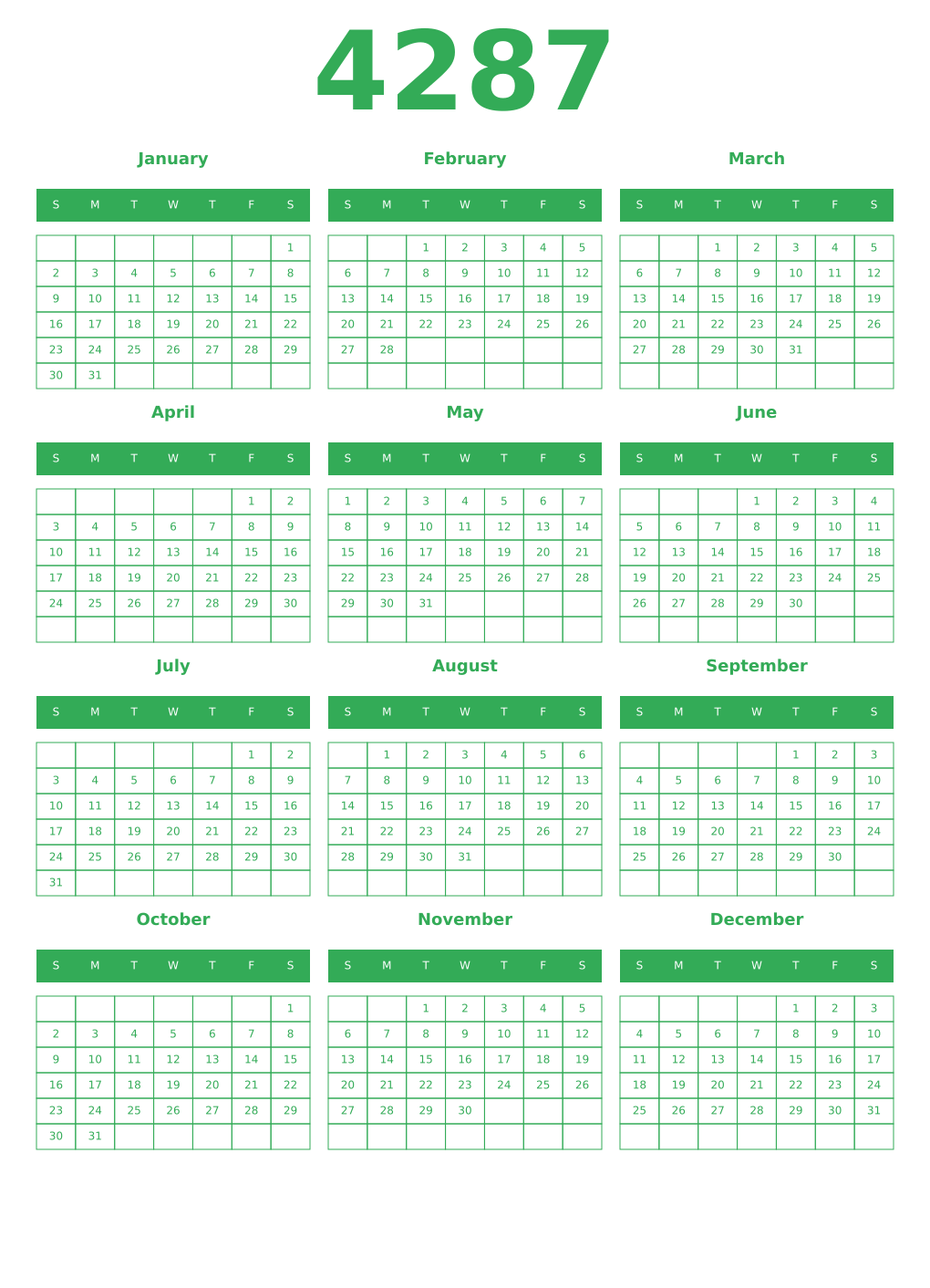 Printable 4287 Year Calendars green
