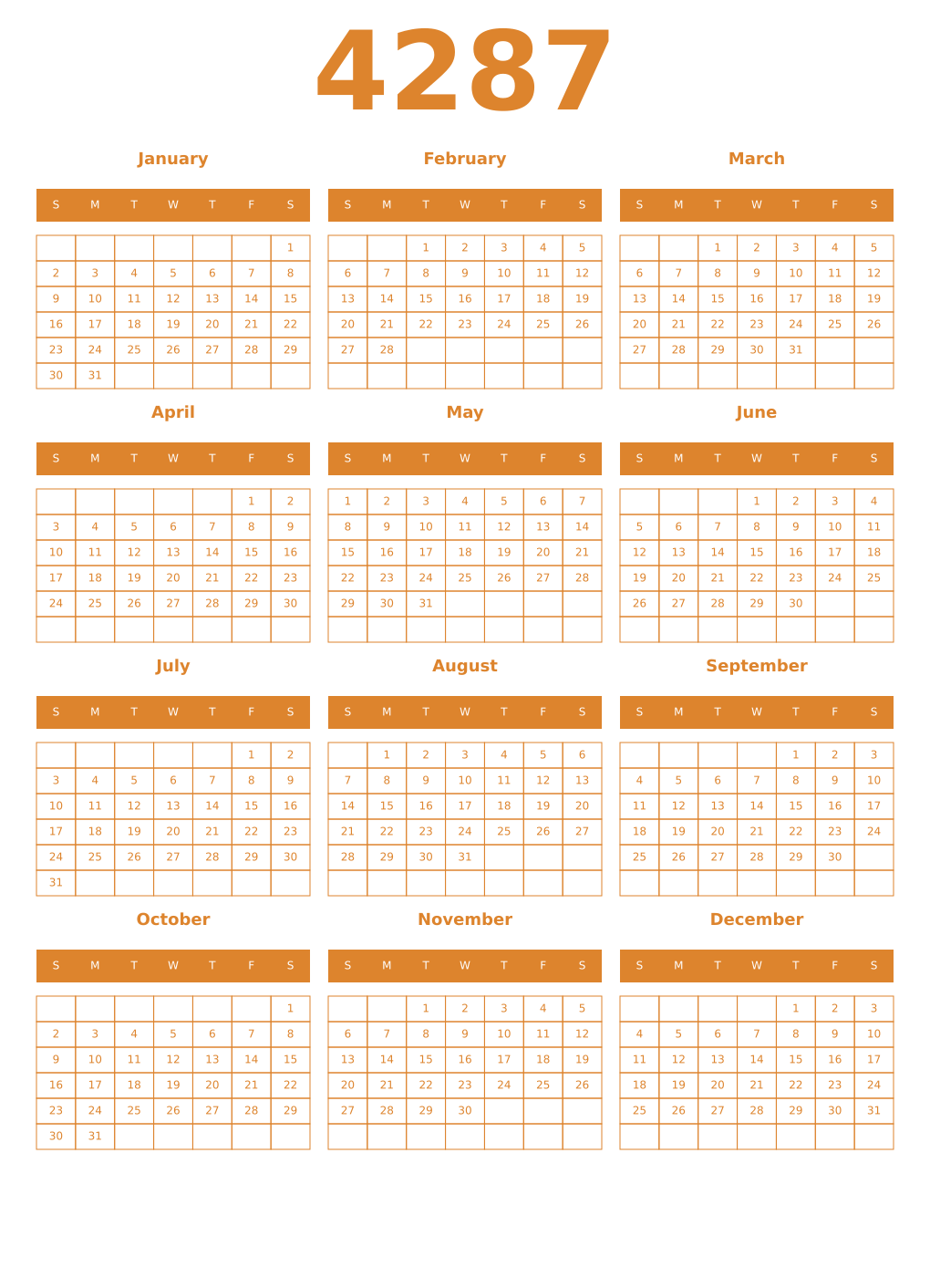 Printable 4287 Year Calendars orange