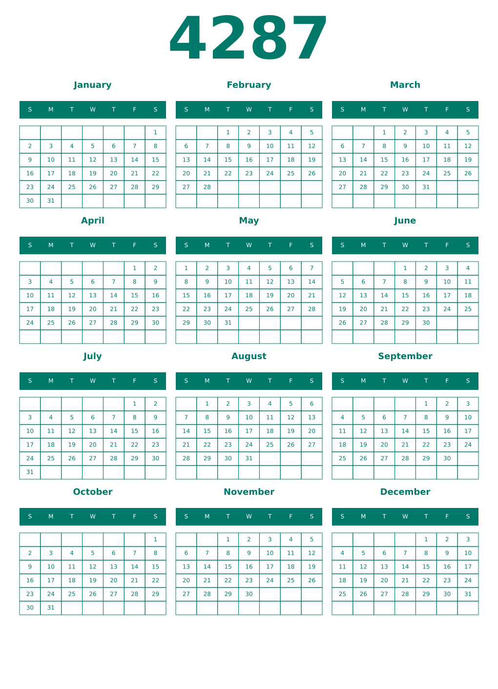 Printable 4287 Year Calendars pastel