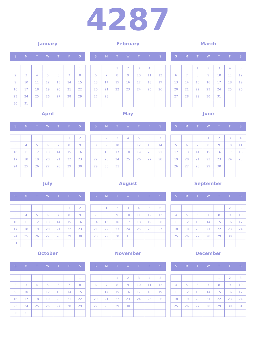 Printable 4287 Year Calendars periwinkle