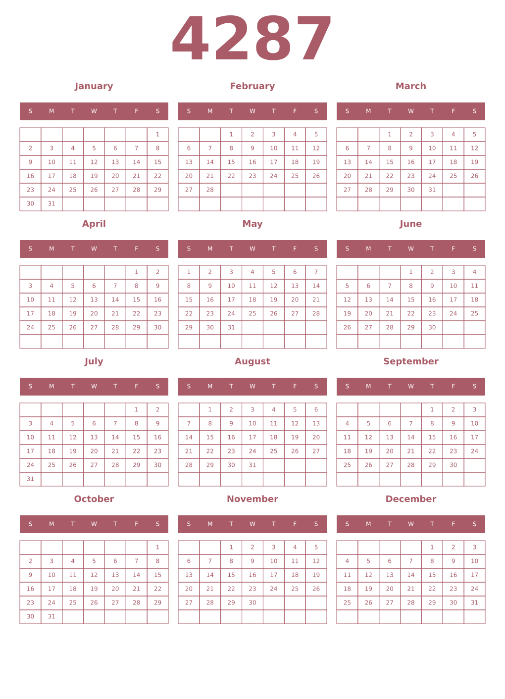 Printable 4287 Year Calendars puce