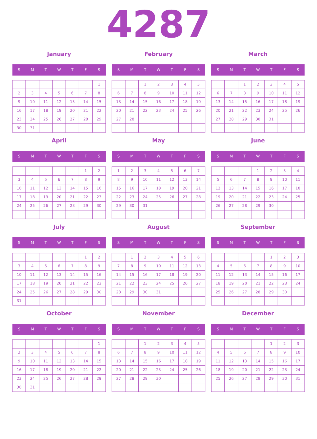 Printable 4287 Year Calendars purple