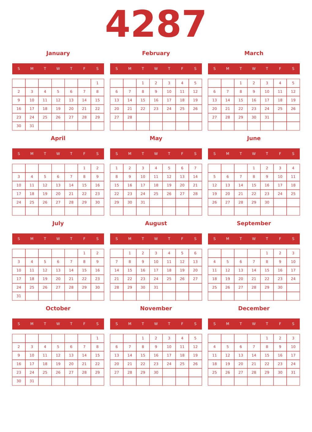 Printable 4287 Year Calendars red