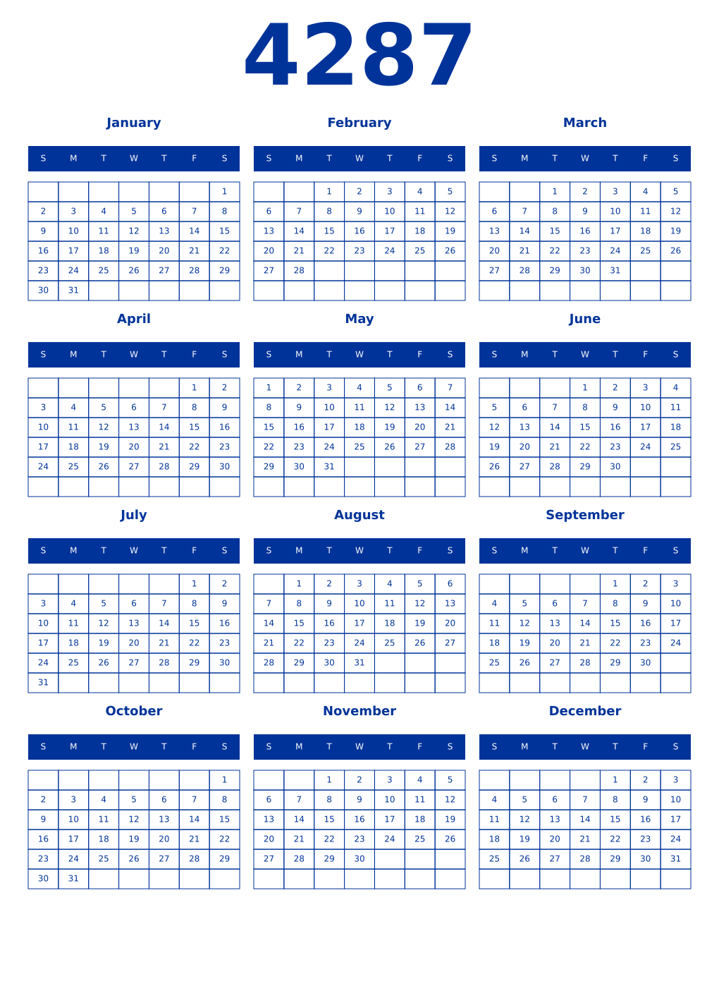 Printable 4287 Year Calendars smalt