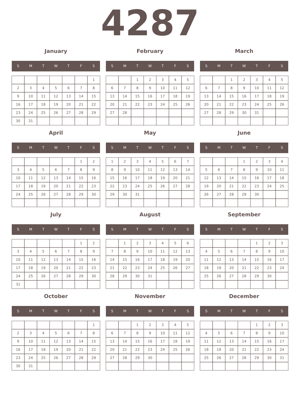 Printable 4287 Year Calendars wenge