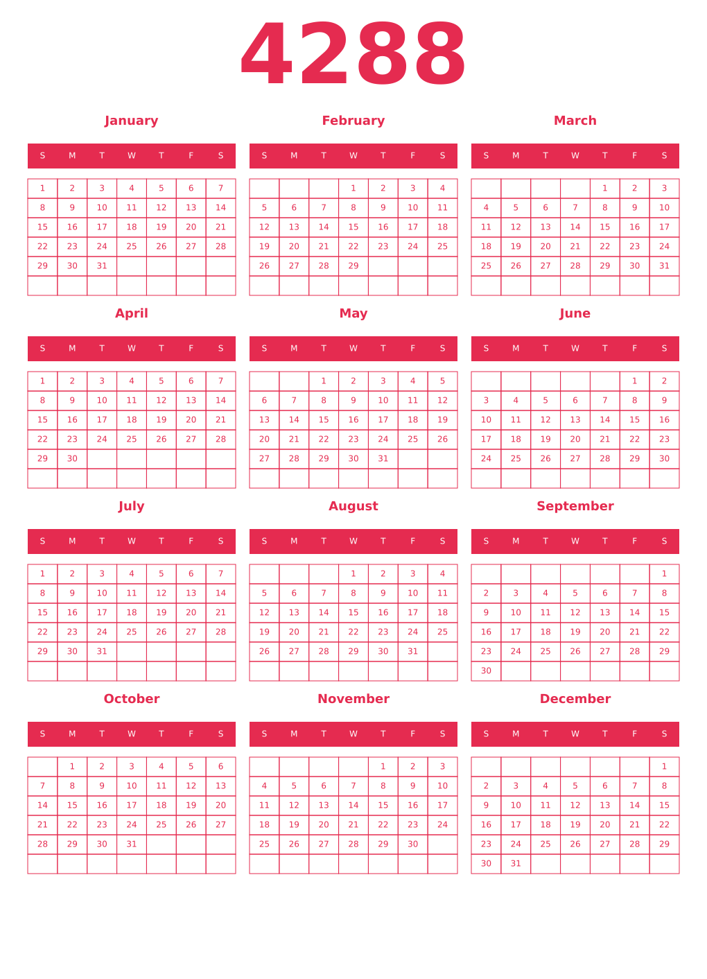 Printable 4288 Year Calendars amaranth