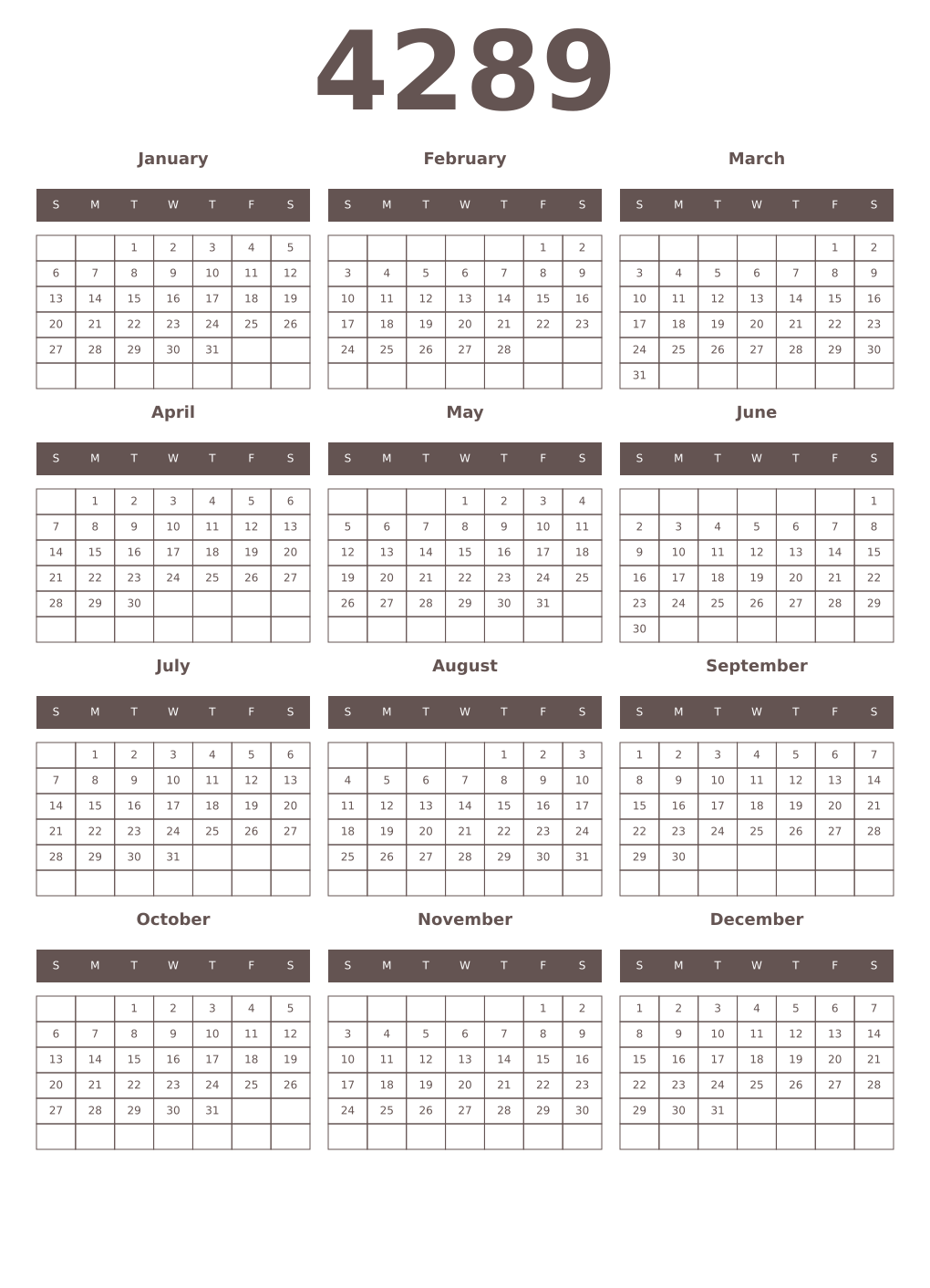 Printable 4289 Year Calendars wenge