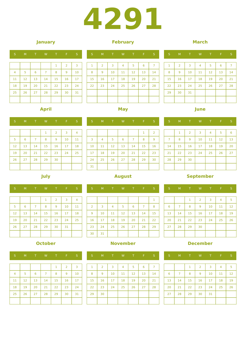Printable 4291 Year Calendars chartreuse