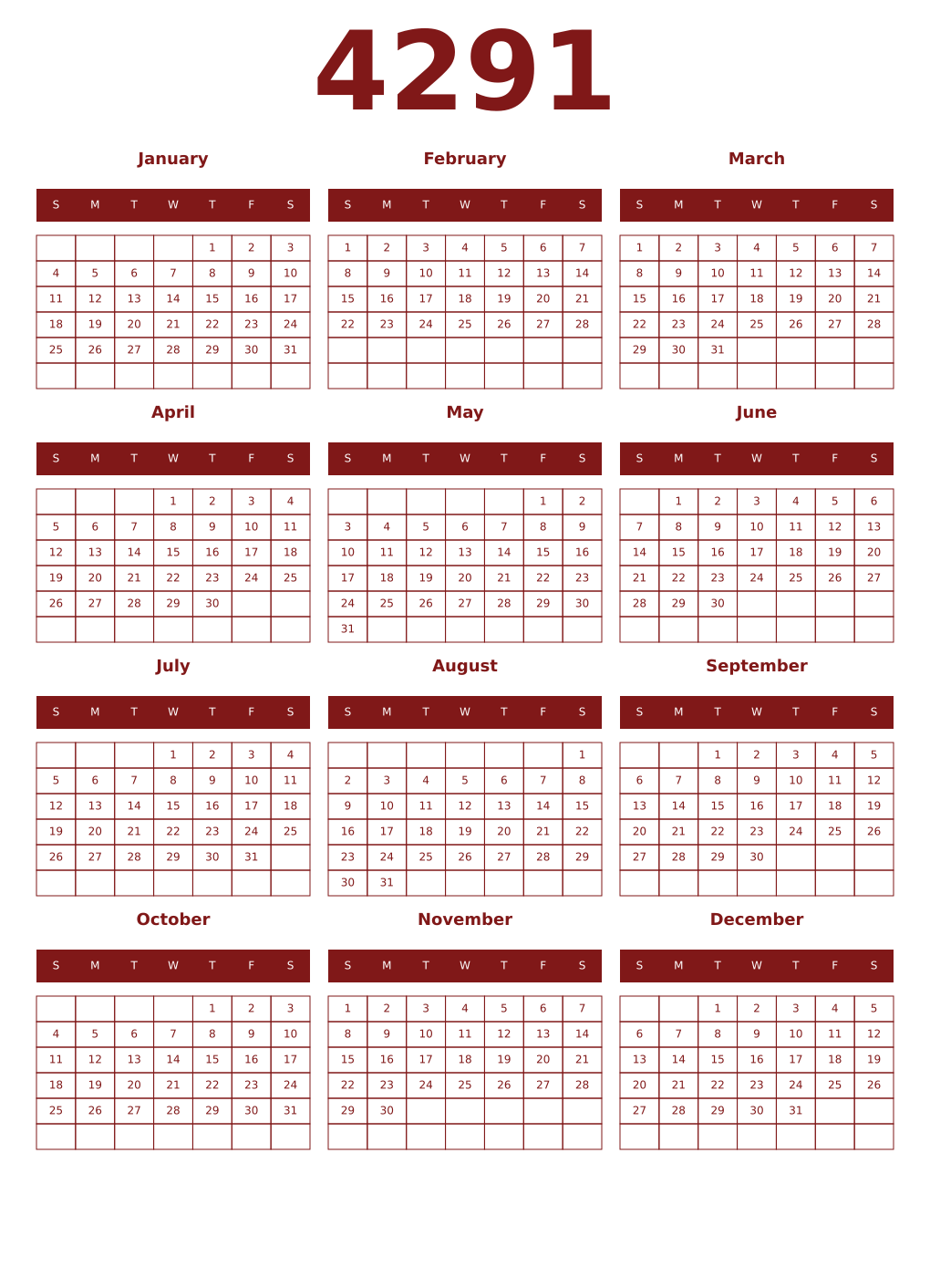 Printable 4291 Year Calendars falu
