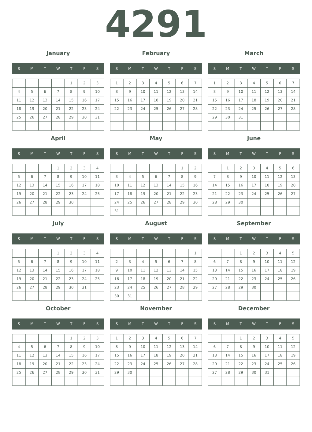 Printable 4291 Year Calendars feldgrau