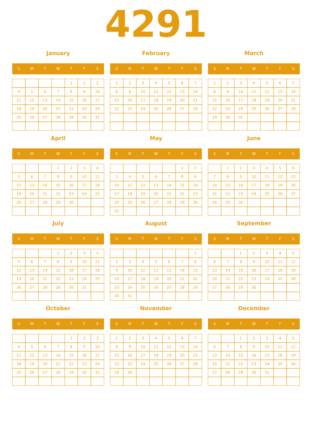 Printable 4291 Year Calendars gamboge