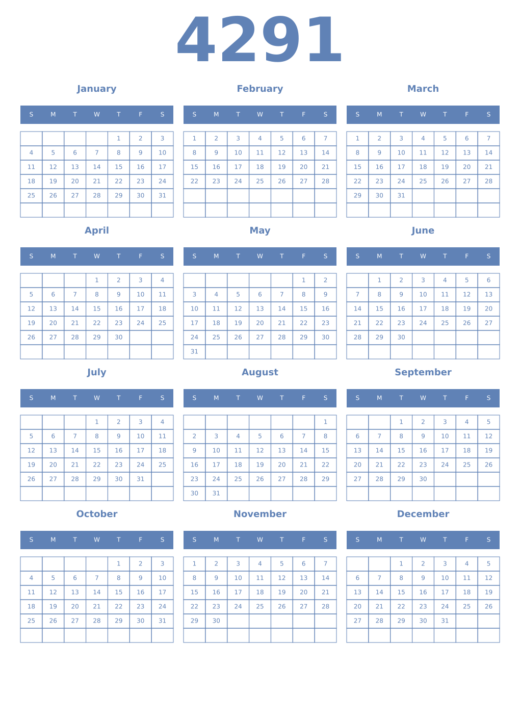Printable 4291 Year Calendars glaucous